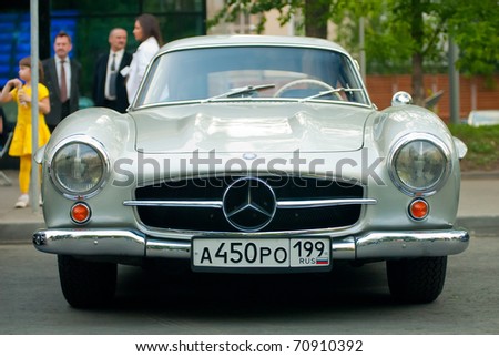 stock photo MOSCOW MAY 15 Silver vintage Mercedes on exhibition at 