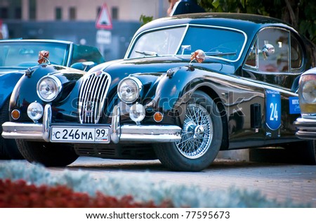 MOSCOW - JULY 31: Black Jaguar XK120 Classic on exhibition parking at an annual event the VI race of vintage cars \'Night Moscow Classic Rally on July 31, 2010 in Moscow, Russia