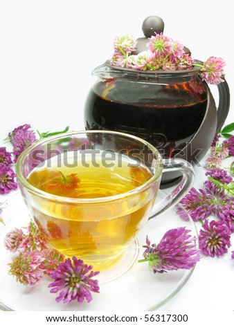 herbal tea with clover flowers essence and tea-pot