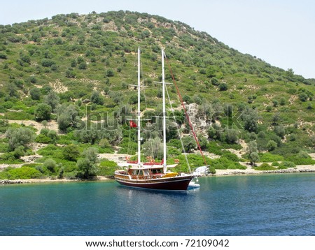 aegean sea landscape view of yacht cruise and mountains