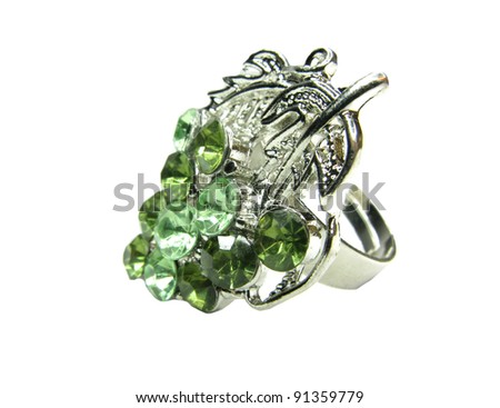 stock photo jewelry ring with green crystals isolated on white background