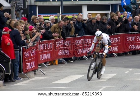 COPENHAGEN, DENMARK - SEPTEMBER 21: Tony Martini in action during the UCI World Championship for Elite Men in time trial 46.4 km on Sept. 21, 2011 in Copenhagen, Denmark. Tony Martin wins the event.