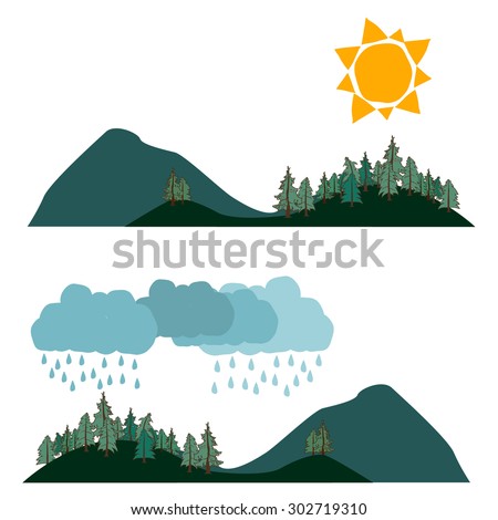 Two landscape weather banners in flat style with Sun and rainy clouds, conifer forest on the foreground. Vector illustration, isolated on white