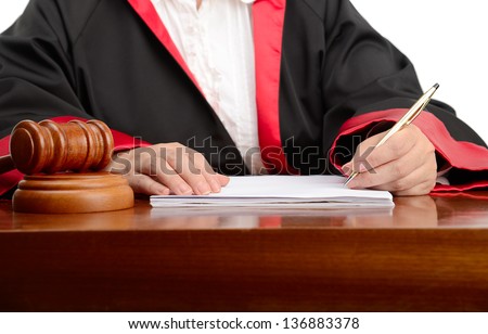 Female Judge Writing The Verdict Isolated On White Background