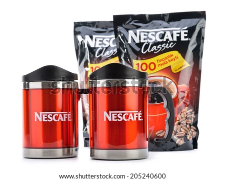 Ankara, Turkey - April 12, 2013: Nescafe instant coffee refill and promotional red Nescafe mug isolated on white background.