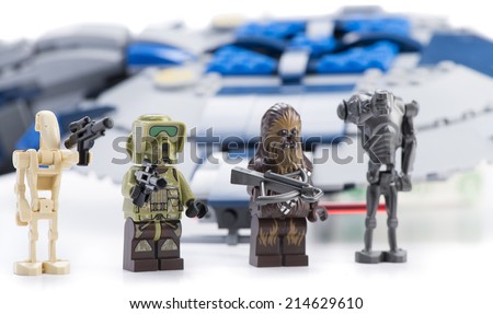 Ankara, Turkey - April 24, 2014: Lego Star Wars Droid Gunship with minifigures isolated on white background.