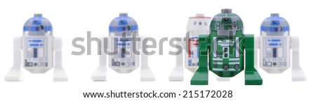 Ankara, Turkey - May 28, 2013: Lego Star Wars minifigure Sandtrooper walking in front of sandtroopers and stormtroopers isolated on white background.