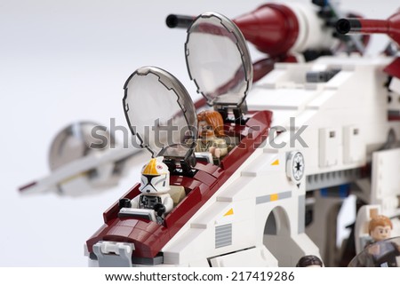 Ankara, Turkey - April 24, 2014: Lego Star Wars Republic Gunship cockpit and ball gun turrets