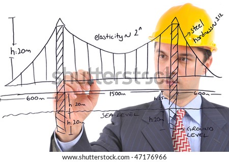 White background studio image of an engineer drawing suspension bridge on glass