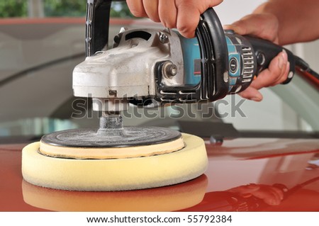 Car care with power buffer machine at service station - a series of CAR CARE images.