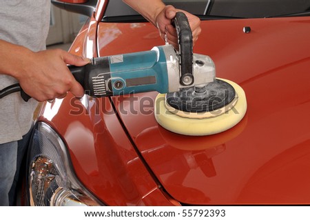 Car care with power buffer machine at service station - a series of CAR CARE images.