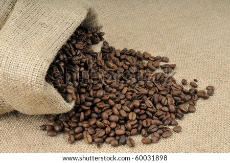 Coffee beans in canvas sack with negative space.