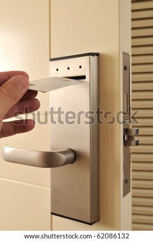 A hand inserting keycard in the electronic lock - a series of HOTEL images.