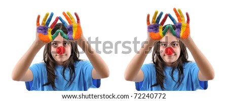Two images of teen girl with hands painted in colorful paints, one smiling, the other not - SEE MORE RELATED IMAGES.