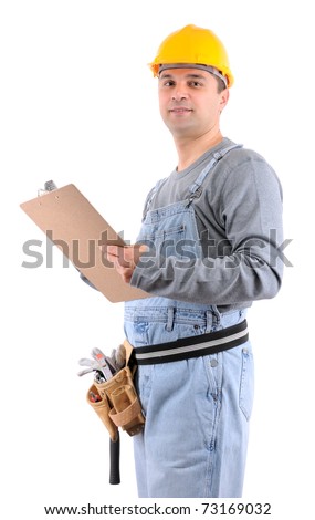 Construction worker with clipboard on hand over white background - a series of MANUAL WORKER images.