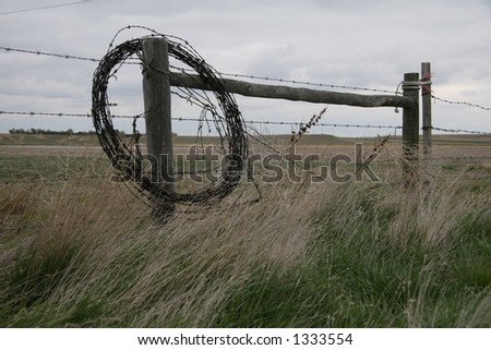 barbed wire fence with coil of wire