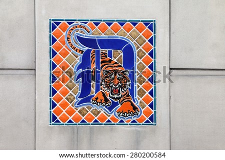 DETROIT, MI-MAY 2015:  Detroit Tigers professional baseball league logo featured in mosaic tile near the entrance to Comerica Field, home field of the Tigers.