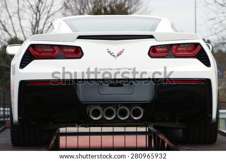 BOWLING GREEN, KY-MAY, 2015: Rear view of the new Chevrolet Corvette Stingray on display at the Corvette assembly plant in Bowling Green, KY.