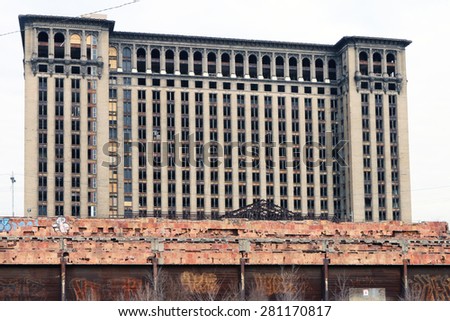 DETROIT, MI-MAY, 2015:  The abandoned Michigan Central Railroad terminal in Detroit.  Vandals have stripped everything of value from the building.