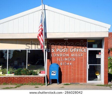 LONDON MILLS, IL-MAY, 2015:  Local small town post office in the midwest.  Small post offices like these are increasingly in danger of being closed due to budget constraints and low usage.