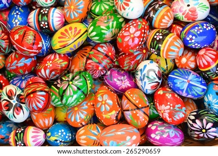 KRAKOW, POLAND - MARCH 29, 2015: Painted eggs \'pisanki\' on Easter market. The annual Easter Fair in the Market Square is a popular tourist attraction