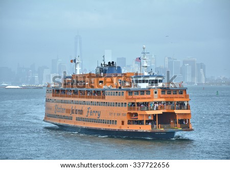 NEW YORK CITY, USA - OCTOBER 15, 2014: Staten Island Ferry departs for Manhattan. The ferry carries over 21 million passengers a year