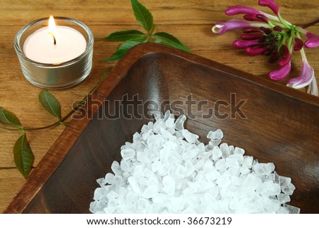 Spa resort therapy composition, candle, flower and salt crystals
