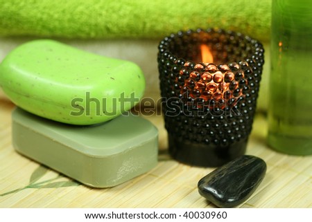 Green Spa treatment - olive and peeling soaps, candle in tealight holder and stone