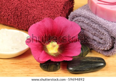 Beauty and wellness treatment in spa. Hollyhock flower, massage stones and other care tools