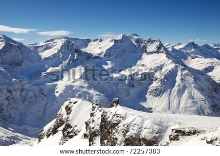 Panorama view of the alps over the snow line with blue sky