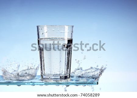 Glass of water with water splashes an a glass surface / panel