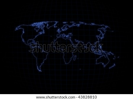 World map with outline glowing and black background.