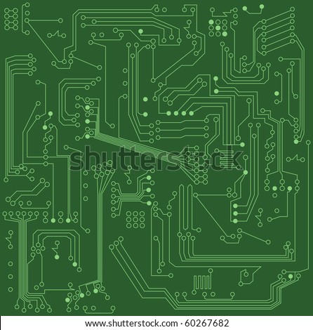 Circuit Board including dots, circles and lines with a green background.