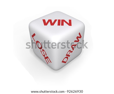 White dice with win, lose and draw in red text on a white background