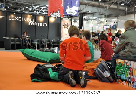 LEIPZIG, GERMANY - MARCH 14: Author presenting her book at Leipzig Book fair on March 14, 2013 in Leipzig, Germany. Leipzig Book Fair is the most important spring event for the publishing houses.
