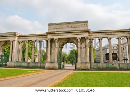 LONDON, UK - APRIL 28: The Grand Entrance to the Hyde park, at Hyde Park Corner next to Apsley House. It was erected from the designs of Decimus Burton in 1824–25. April 28, 2011 in London UK.