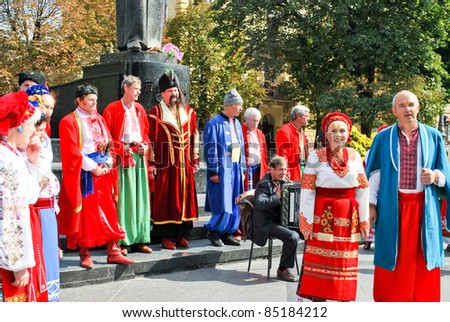 LVIV, UKRAINE - SEPTEMBER 15: Unidentified Ukrainian choir members dressed in national clothes sing Ukrainian national songs at the annual Lviv Book Forum on September 15, 2011 in Lviv, Ukraine