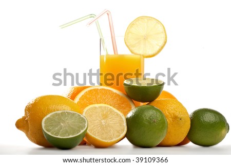 orange juice and fruit all sorts on a white background