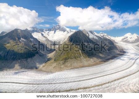concept for hiking, climbing, walking and outdoor adventures:  panorama view above long Aletsch glacier Switzerland