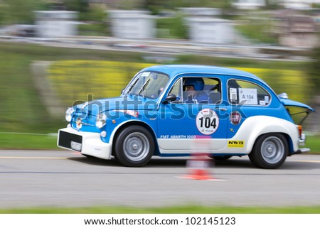 MUTSCHELLEN, SWITZERLAND-APRIL 29: Vintage race touring car Fiat 600 Abarth 1000 TC from  1967 at Grand Prix in Mutschellen, SUI on April 29, 2012.  Invited were vintage sports cars and motorbikes.