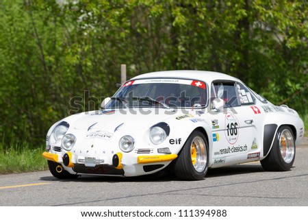 MUTSCHELLEN, SWITZERLAND-APRIL 29: Vintage race touring car Alpine Renault A 110 1600 S from 1972 at Grand Prix in Mutschellen, SUI on April 29, 2012.  Invited were vintage sports cars and motorbikes.