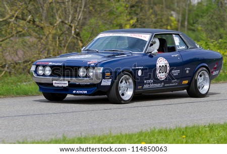 MUTSCHELLEN, SWITZERLAND-APRIL 29: Vintage race touring car Toyota Celica GT  from 1973 at Grand Prix in Mutschellen, SUI on April 29, 2012.  Invited were vintage sports cars and motorbikes.