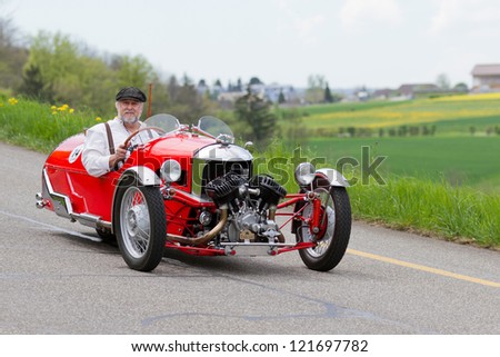 MUTSCHELLEN, SWITZERLAND-APRIL 29: Vintage tricycle race car Morgan Super Sport from 1933 at Grand Prix in Mutschellen, SUI on April 29, 2012.  Invited were vintage sports cars and motorbikes.