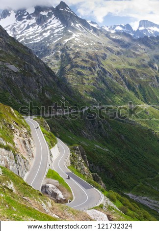 road with tight bends at Susten pass in high alpine Mountains, Switzerland