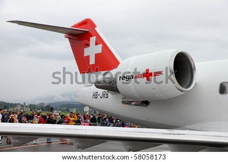 EMMEN, SWITZERLAND - JULY 24: Swiss Air rescue REGA presents its long distance jet Canadair CL 604 Challenger open to walk in at the Airshow \