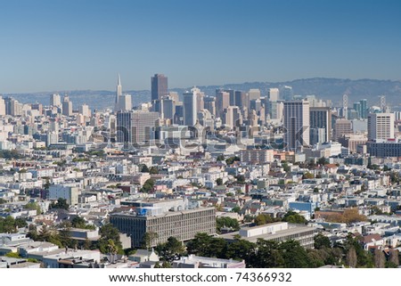 modern city San Francisco seen from above, with bright sky scrapers