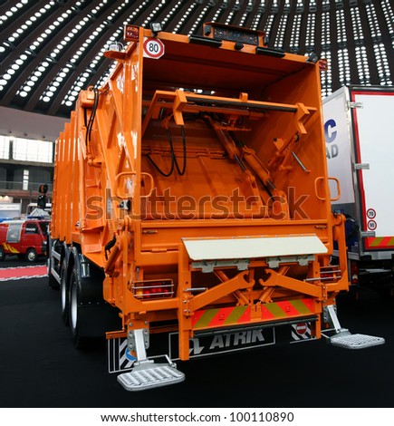 BELGRADE - MARCH 29: An Volvo garbage truck rear on display at the 50th International Car Show on March 29, 2012 in Belgrade, Serbia.