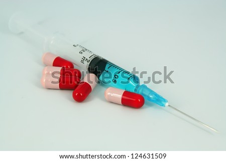 Medical syringe and a pills. Medical tools.
