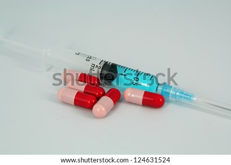 Medical syringe and a pills. Medical tools.