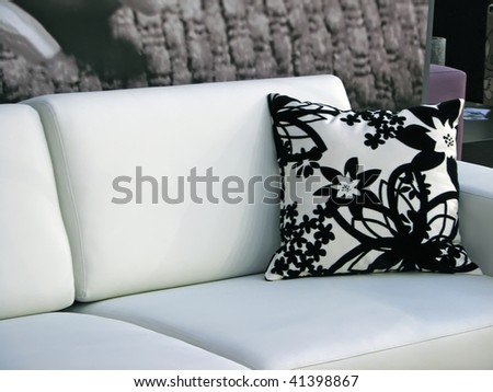 pillow on the furniture. black and white pillow on the couch.